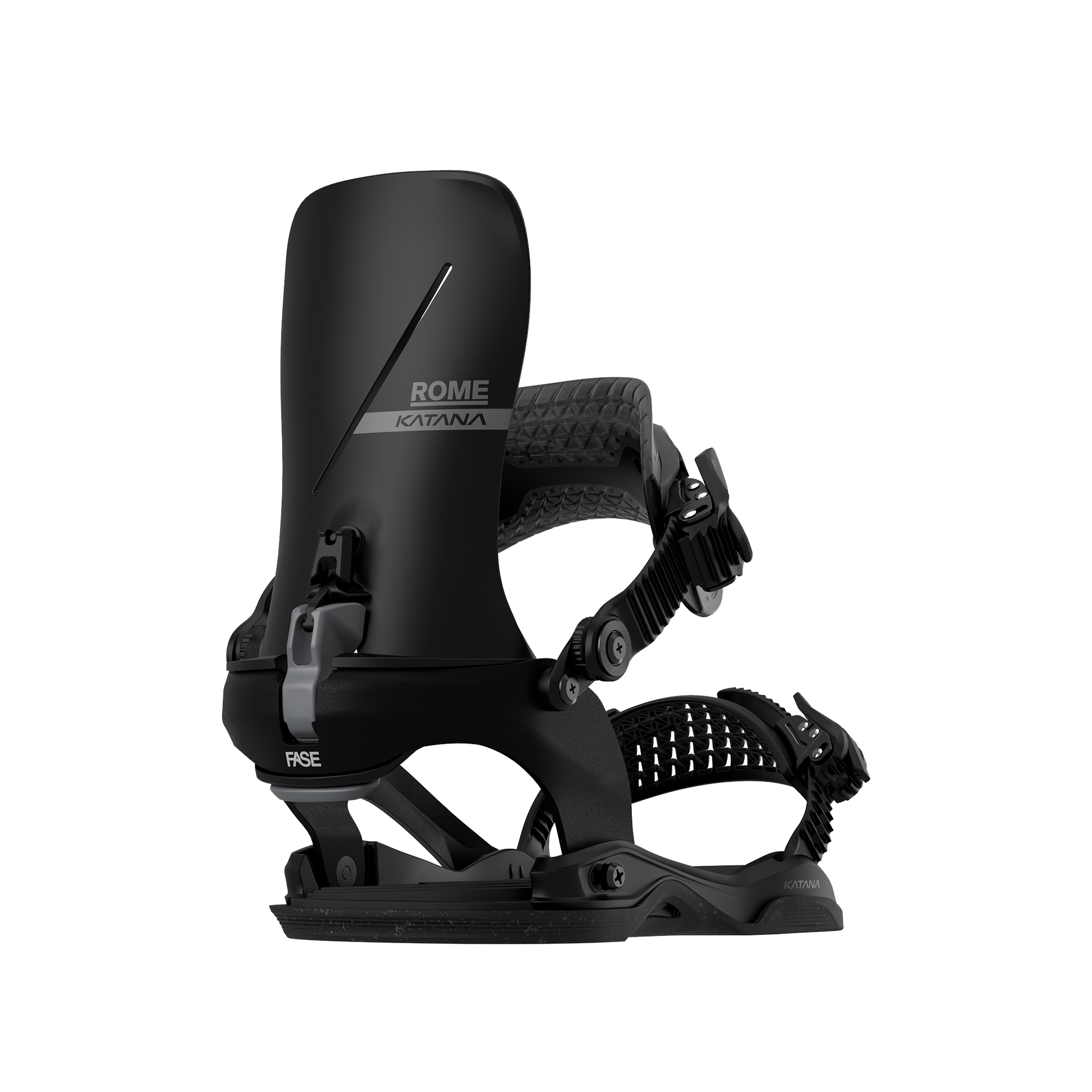 Rome Katana AW FASE Snowboard Bindings Black 2025 – rear 45° side view