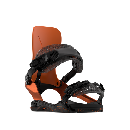 Rome Katana AW FASE Snowboard Bindings Team Orange 2025 – front 45° view