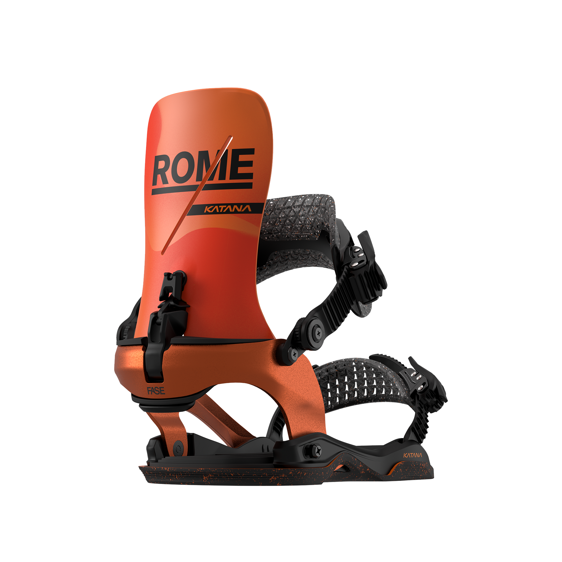 Rome Katana AW FASE Snowboard Bindings Team Orange 2025 – rear 45° side view