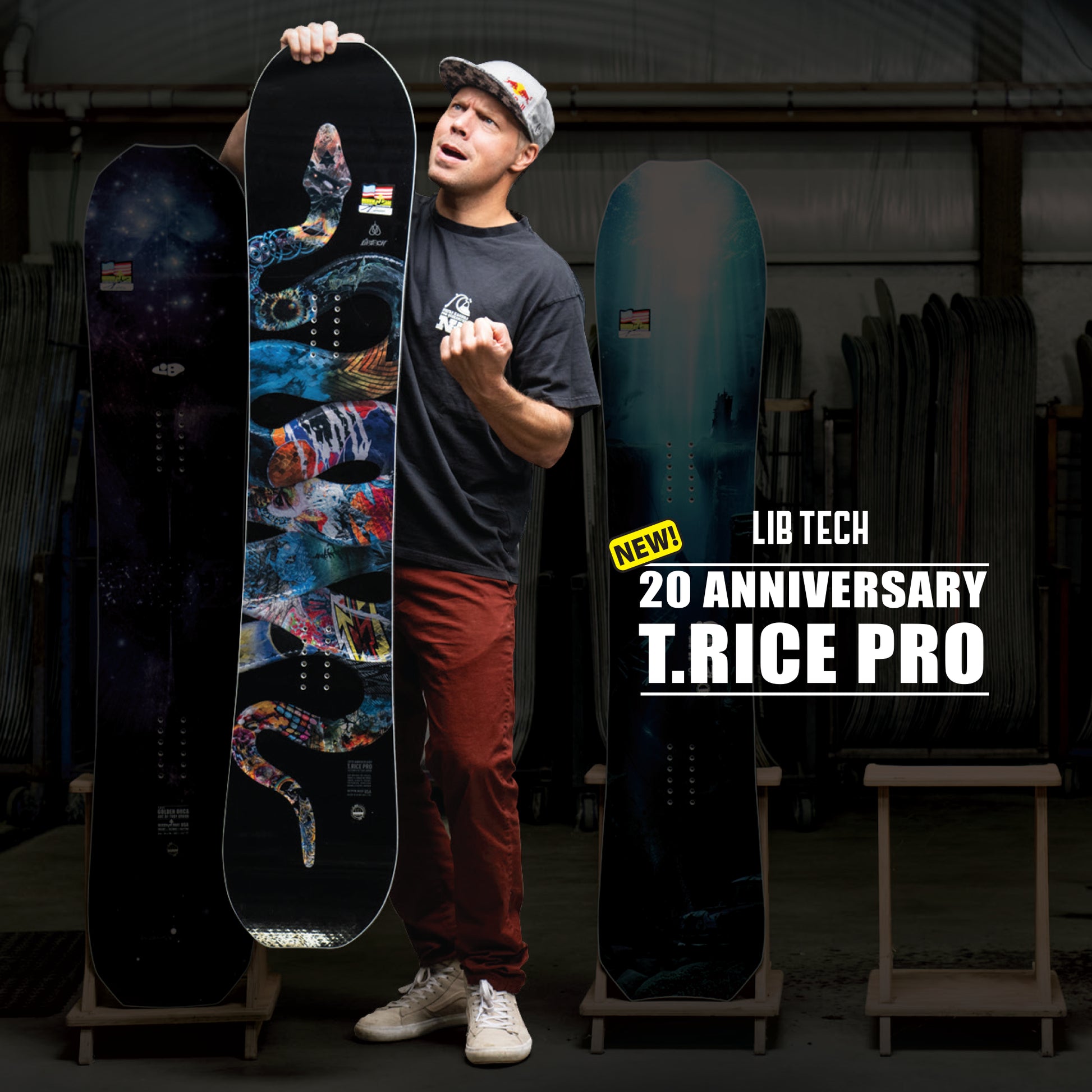 Travis Rice with the 2026 Lib Tech T-Rice Pro 20th Anniversary Snowboard
