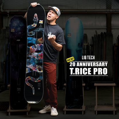 Travis Rice with the 2026 Lib Tech T-Rice Pro 20th Anniversary Snowboard