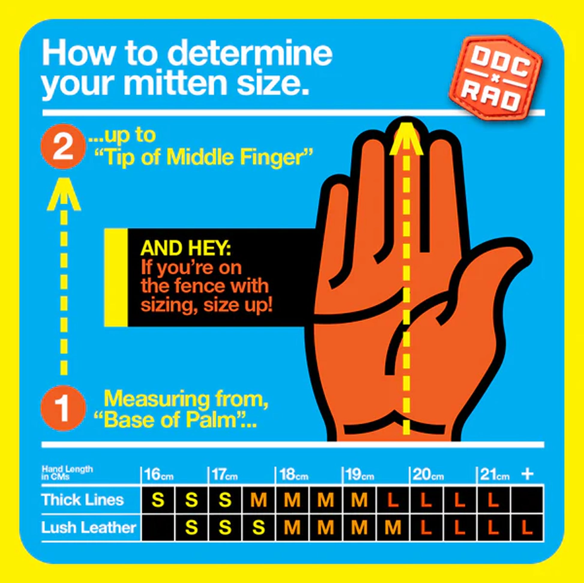Rad Mittins DDC Rad Size Chart